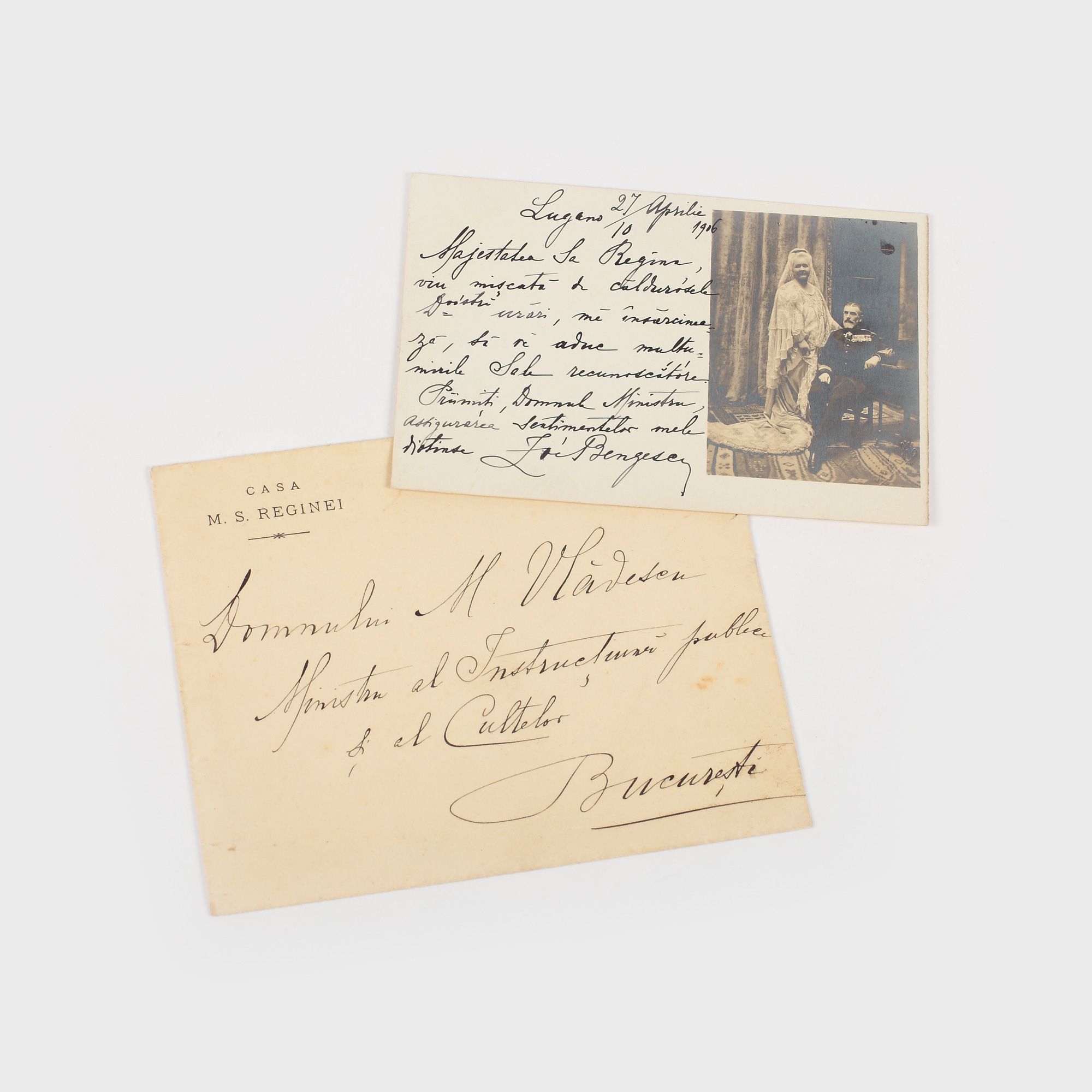 Carte poștală Zoe Bengescu, domnișoara de onoare a Reginei Elisabeta, către Mihail Vlădescu, text olograf, în plicul original, 1906