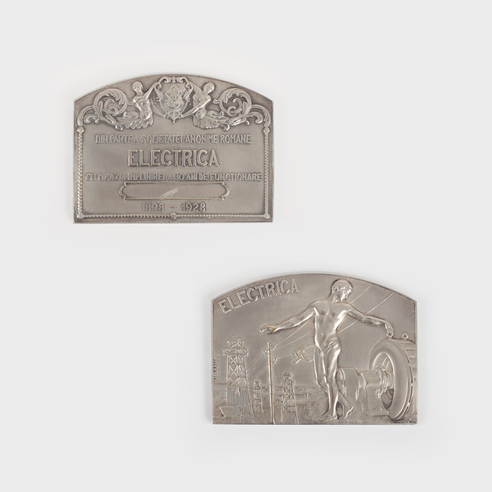 Plachetă argintată "Electrica - Societate Anonimă Română", desenată de Ludovic Bassarab și sculptată de Ion Jalea, 1928