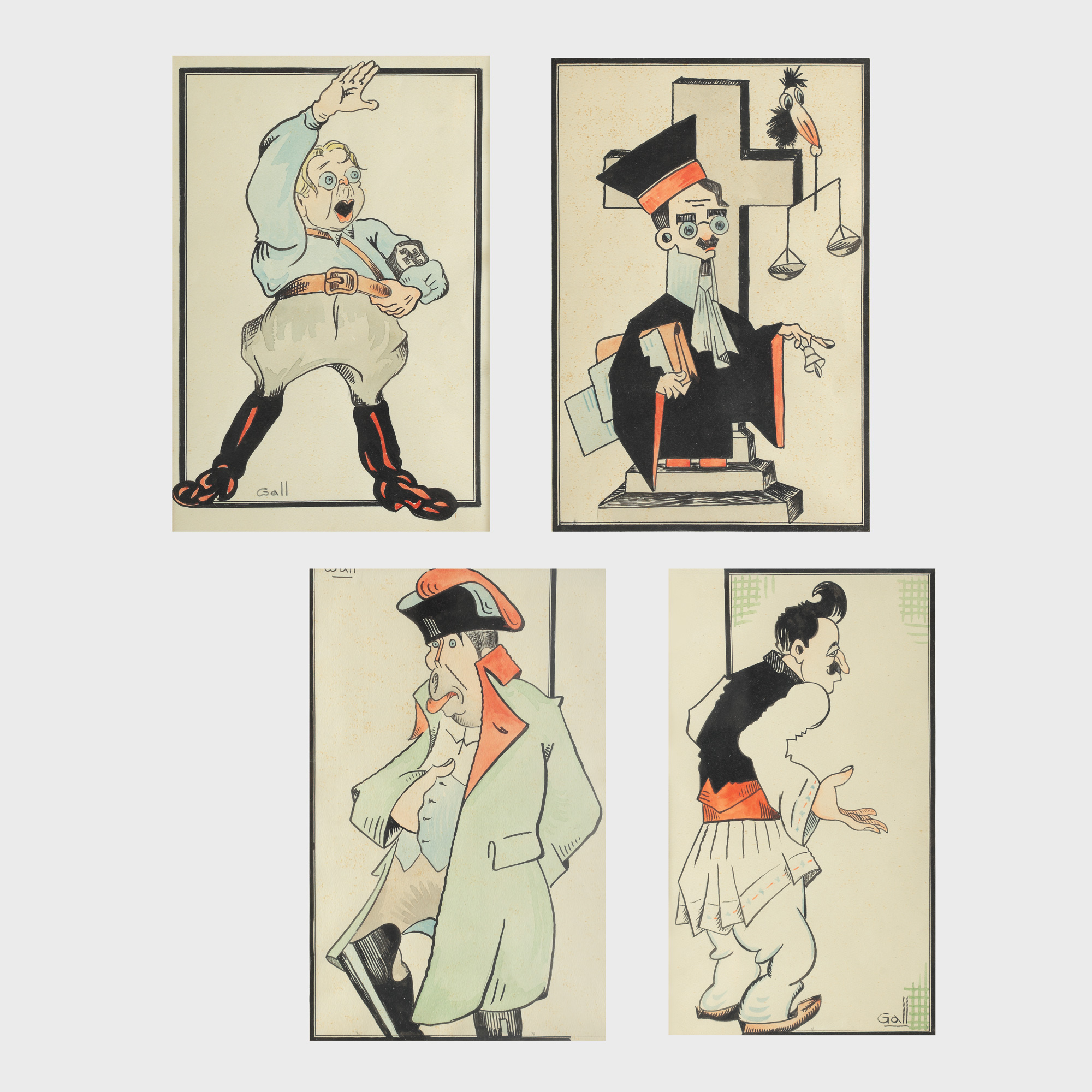 Lot de 4 caricaturi realizate de Gall fruntașilor politici Octavian Goga, Nicolae Titulescu, Ion Mihalache și Istrate Micescu, perioada interbelică