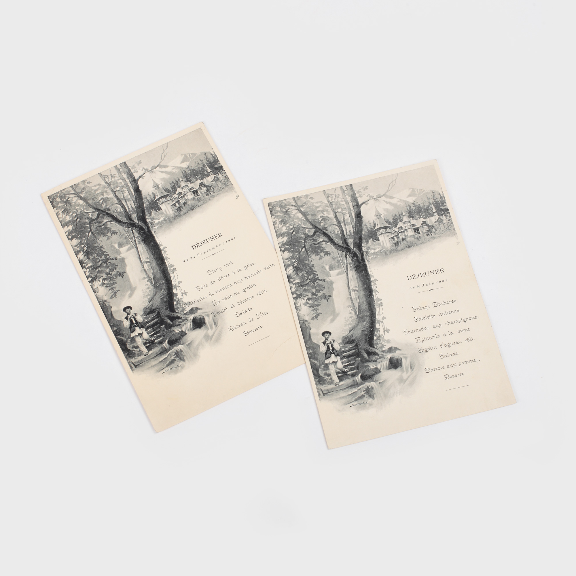 Lot din 2 meniuri-invitații pentru dejun la Castelul Peleș, trimise de Casa Regală, 1903 și 1904