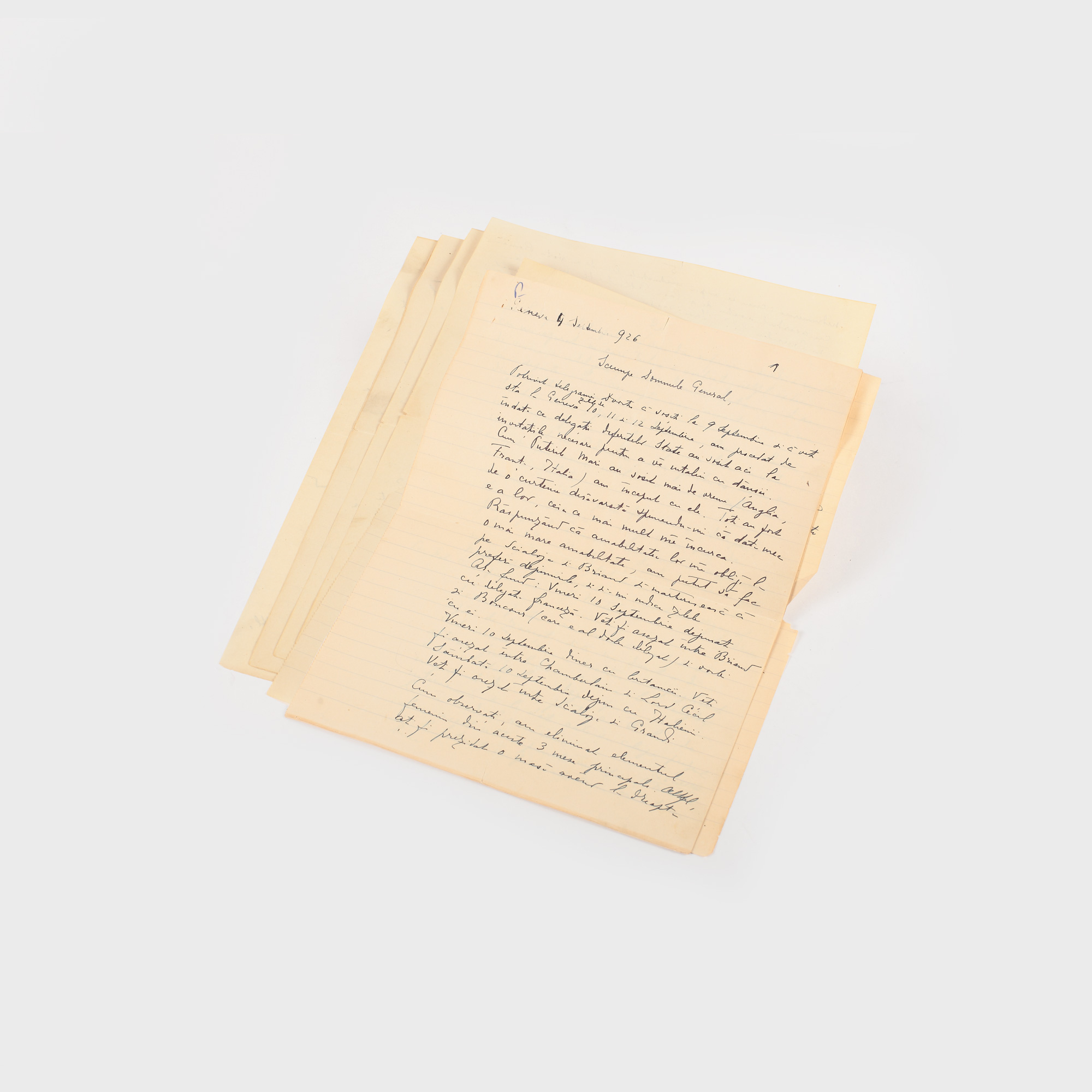 Scrisoare olografă a diplomatului Nicolae Titulescu către prim-ministrul și generalul Alexandru Averescu, despre pregătirile de semnare a Convenției de la Geneva, 4 septembrie 1926, 6 file