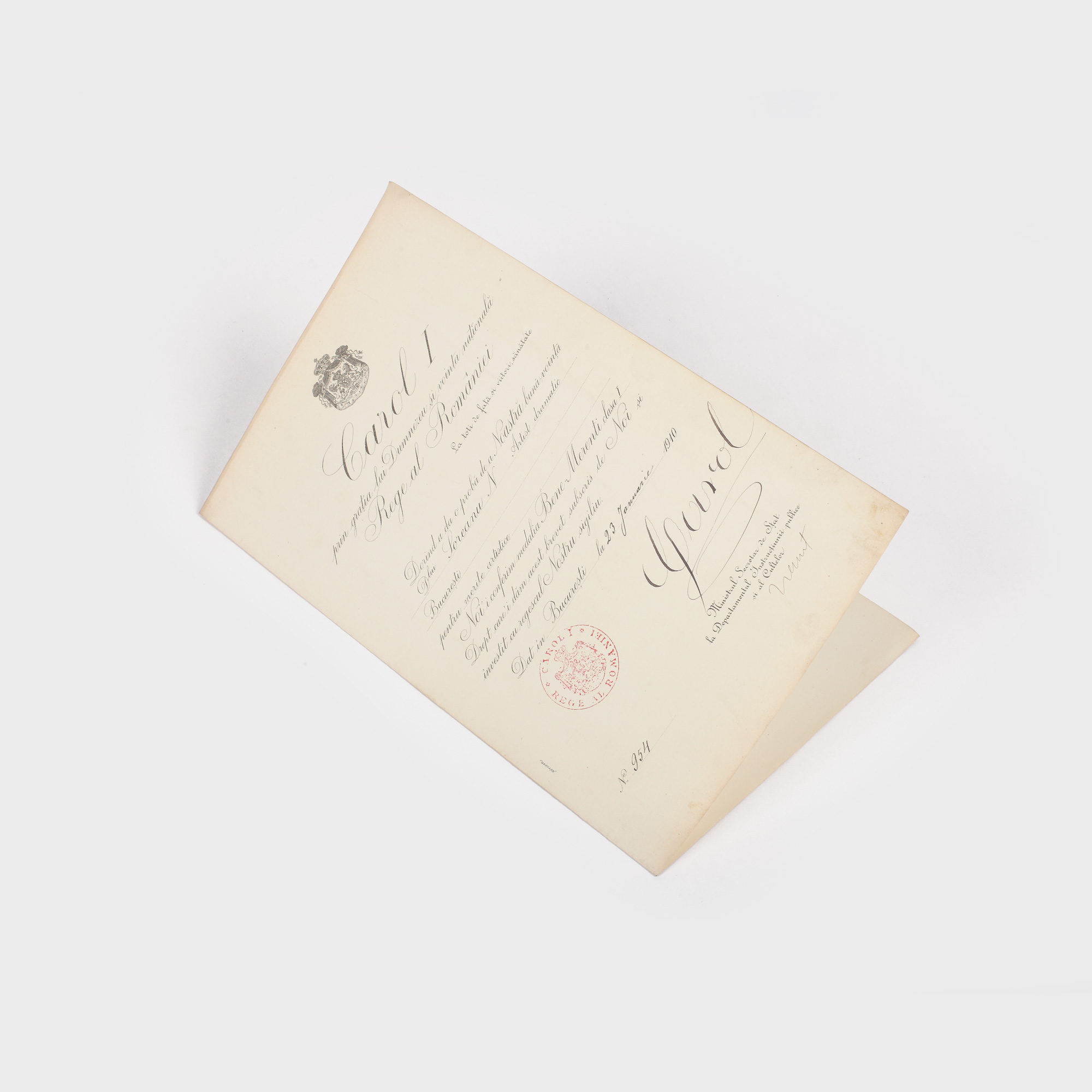 Brevet acordat actorului Nicolae Soreanu, 23 ianuarie 1910, cu semnăturile olografe ale Regelui Carol I și ministrului Spiru Haret