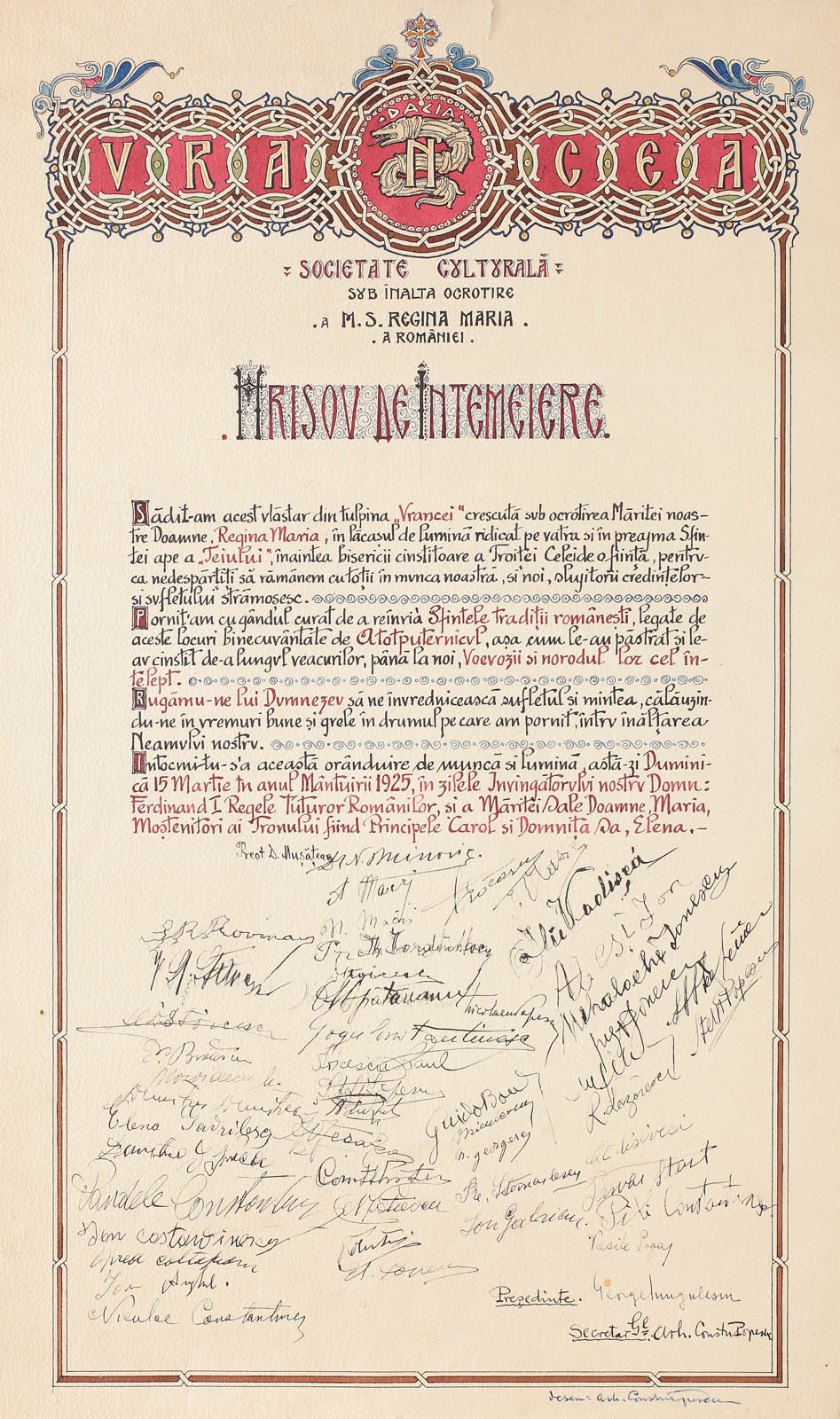 Hrisov de întemeiere a Societății culturale Vrancea, sub patronajul Reginei Maria, cu semnăturile olografe ale membrilor fondatori, 1925