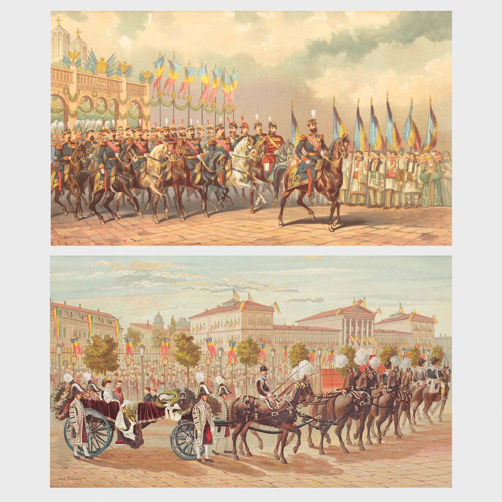 Ceremoniile cu ocazia proclamării regatului în 10 mai 1881, pereche de cromolitografii