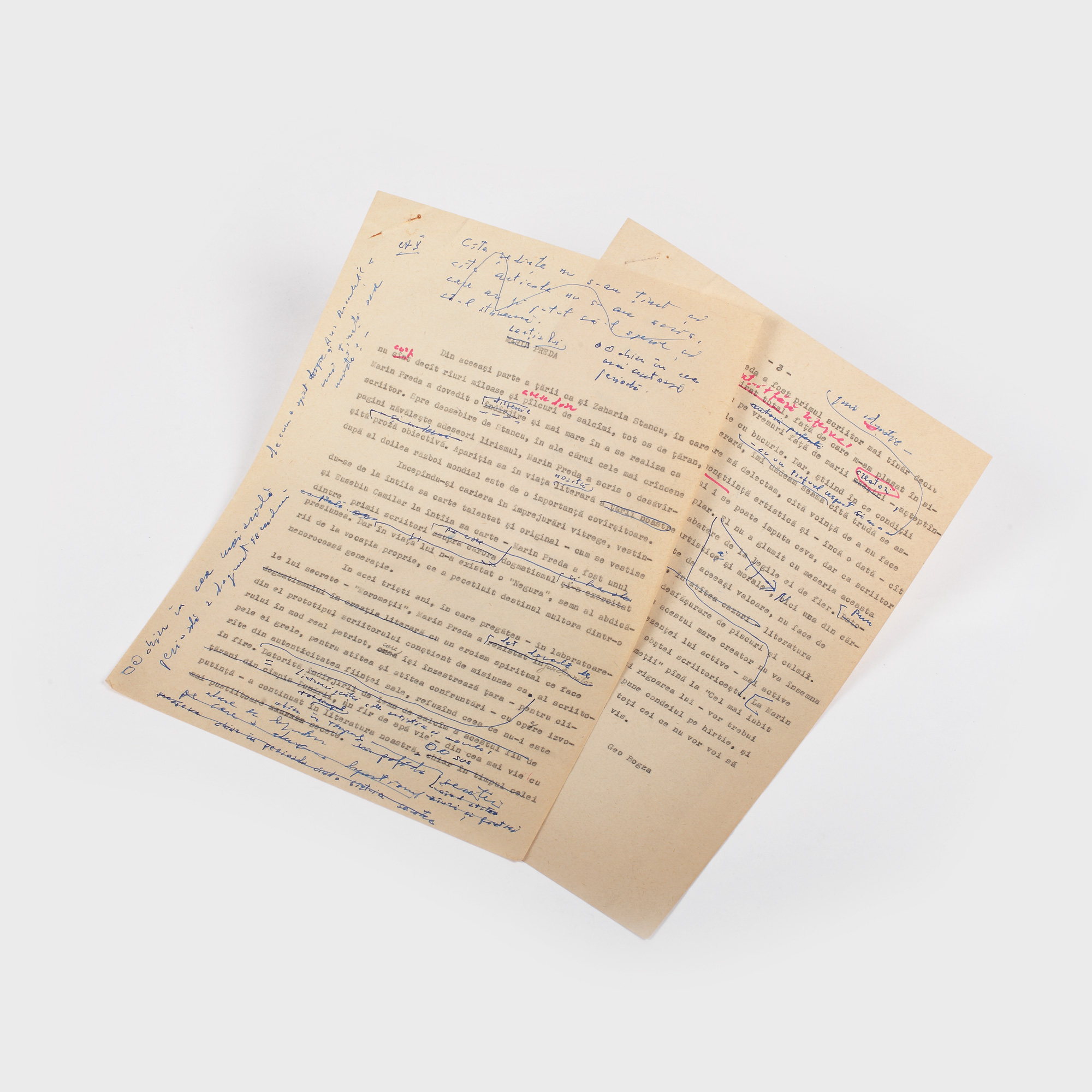 Articol despre Marin Preda, redactat de Geo Bogza, 2 file, piesă de colecție