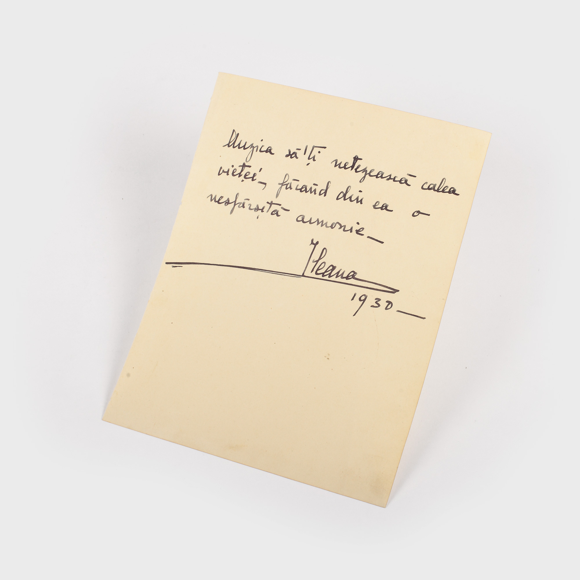 Felicitare-panseu despre muzică, manuscrisă și semnată de Principesa Ileana, 1930