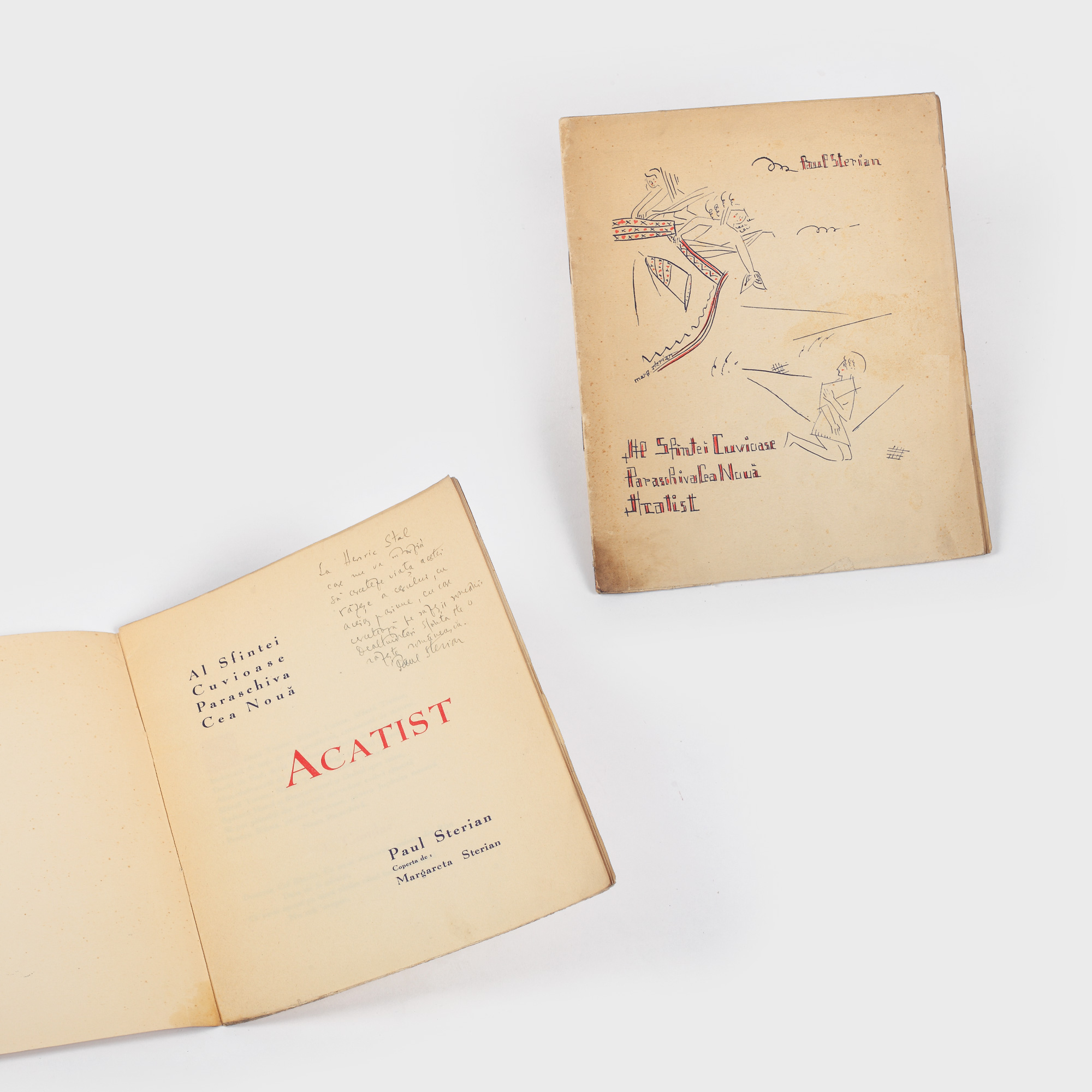 Paul Sterian, „Acatist”, cu coperta desenată în original de Margareta Sterian și cu dedicația olografă a autorului către Henri H. Stahl