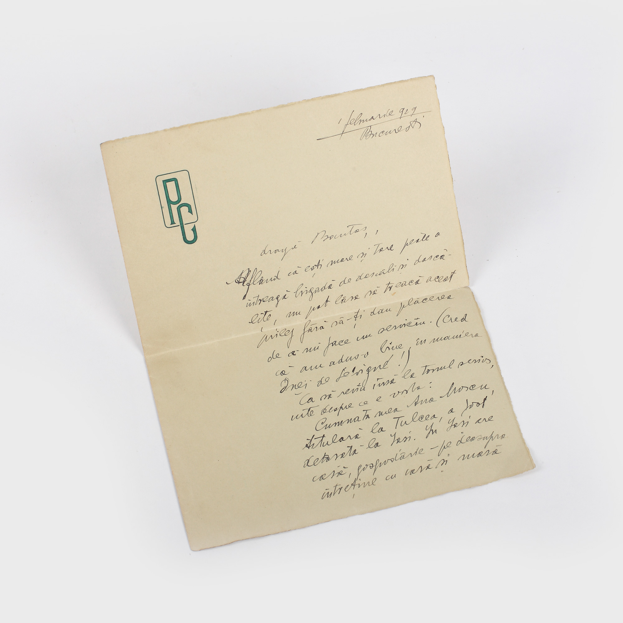 Scrisoare olografă trimisă de Cezar Petrescu prietenului Bontaș, februarie 1929, 2 file