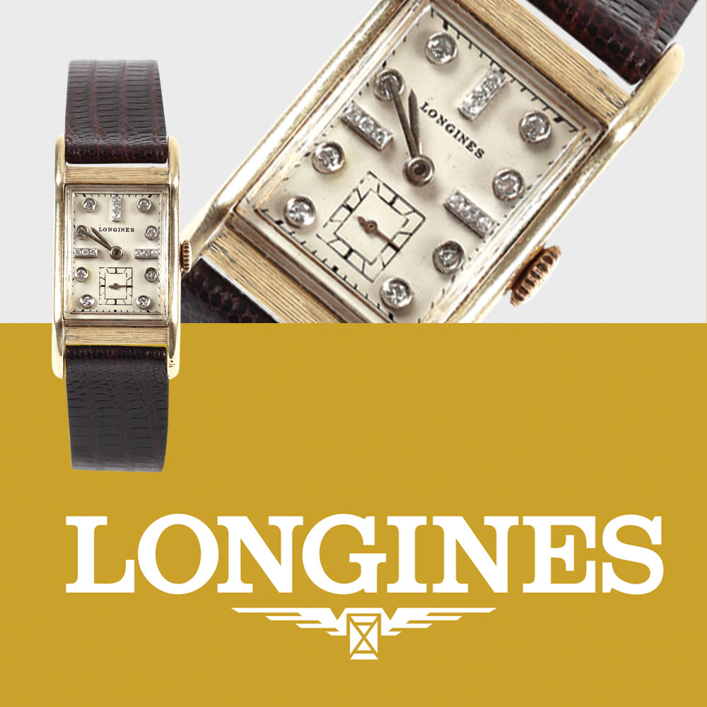 Ceas Longines, de mână, de damă, din aur, decorat cu cadran decorat cu diamante, cca. 1935