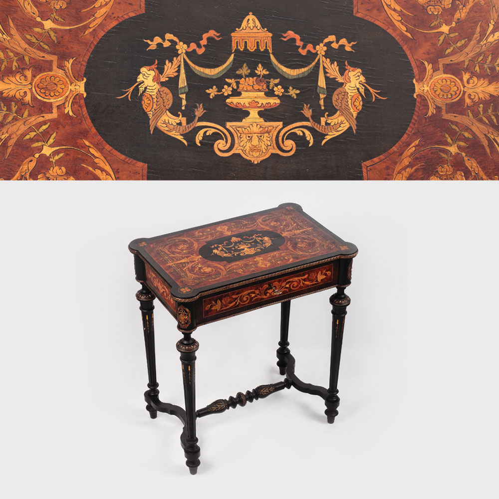 "Classic vanity"- măsuță de toaletă, din furnir marchetat și pictat, sfârșitul sec. XIX