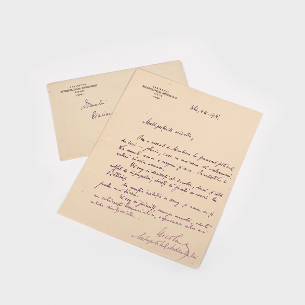 Scrisoare olografă a mitropolitului Ardealului Nicolae către scriitorul Cincinat Pavelescu, 2 file, în plicul original, 1931