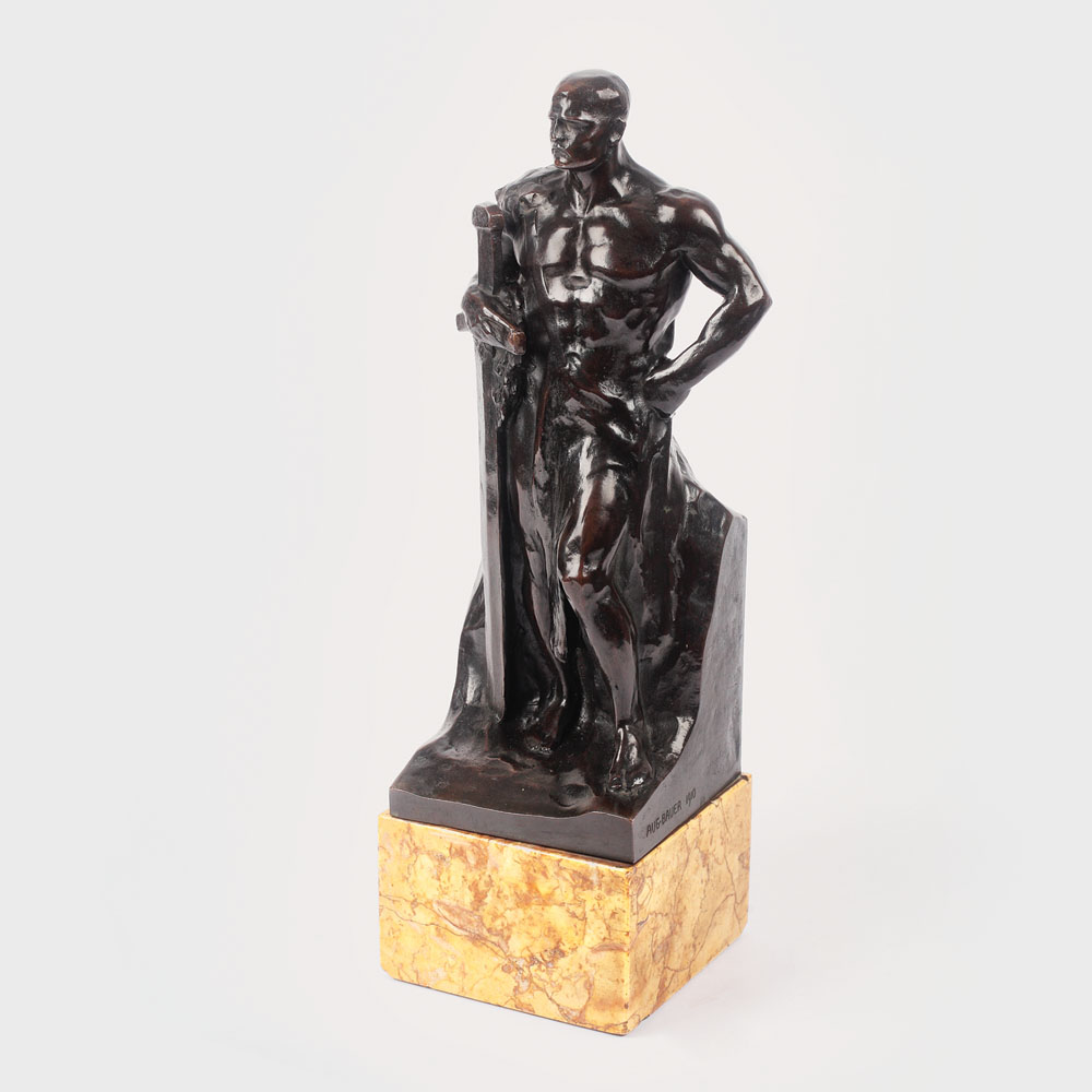 August Bauer (1868 - ?), "Războinic", statuetă Jugendstil, 1910, bronz patinat și marmură