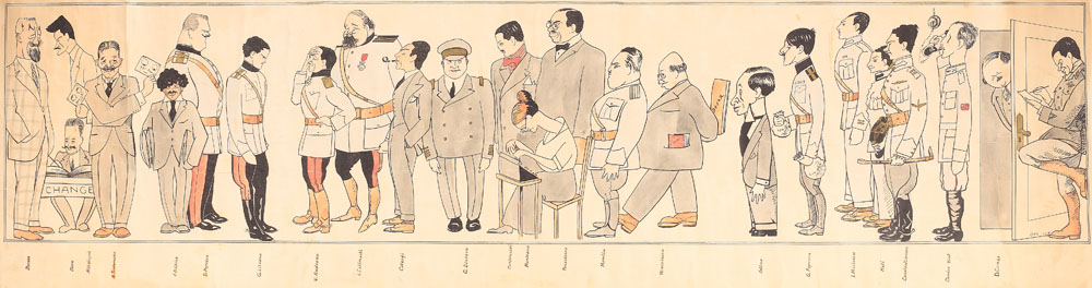 Caricatură Membrii Misiunii României la Paris, condusă de colonelul Vasile Rudeanu, 1916-1919