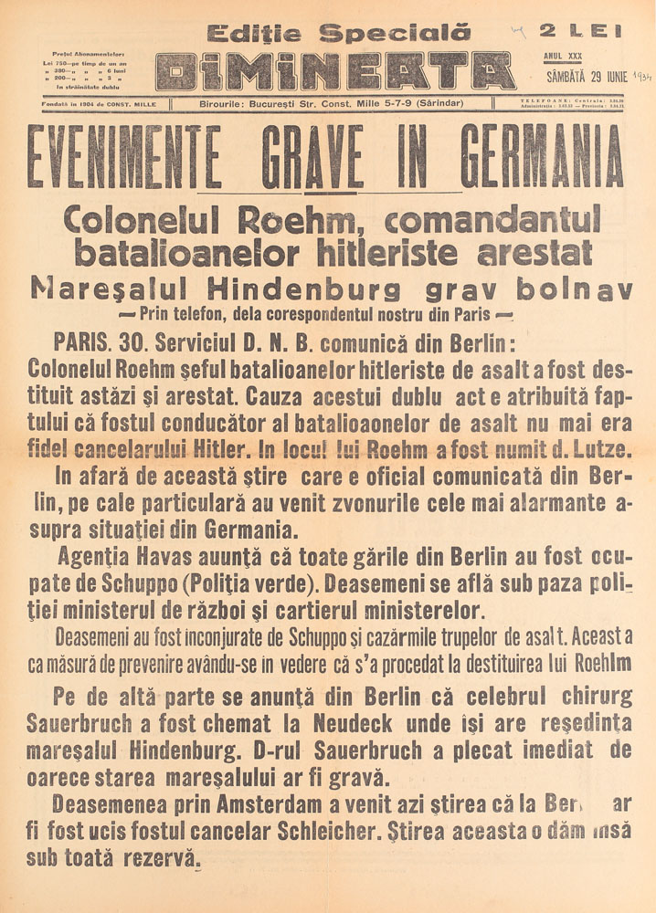 Afiș, ziarul "Dimineața", despre evenimentele din Germania, 29 iunie 1934