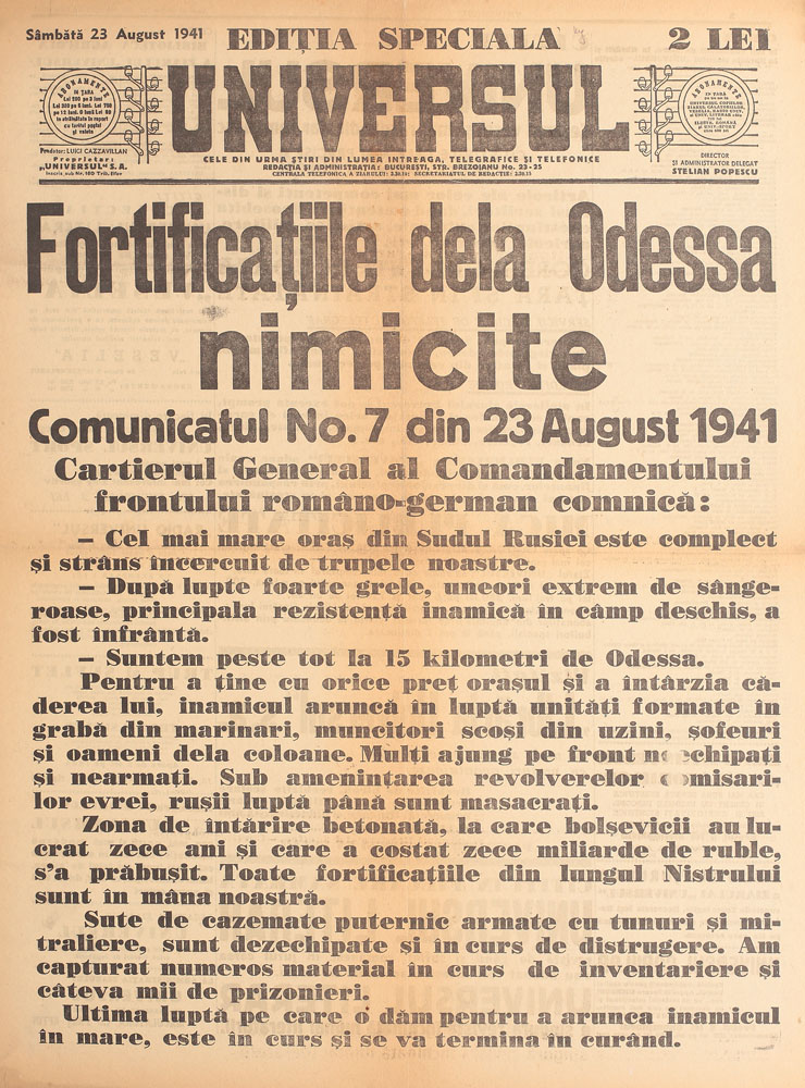 Afiș, ziarul "Universul", cucerirea Odesei, 23 august 1941