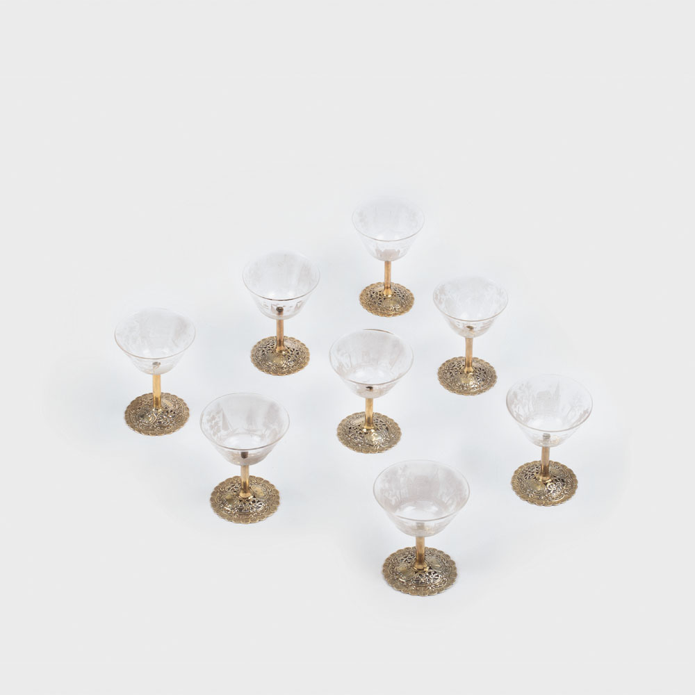 Serviciu de opt pahare pentru aperitiv, din cristal și argint aurit Vereinigte-Hanau, începutul sec. XX