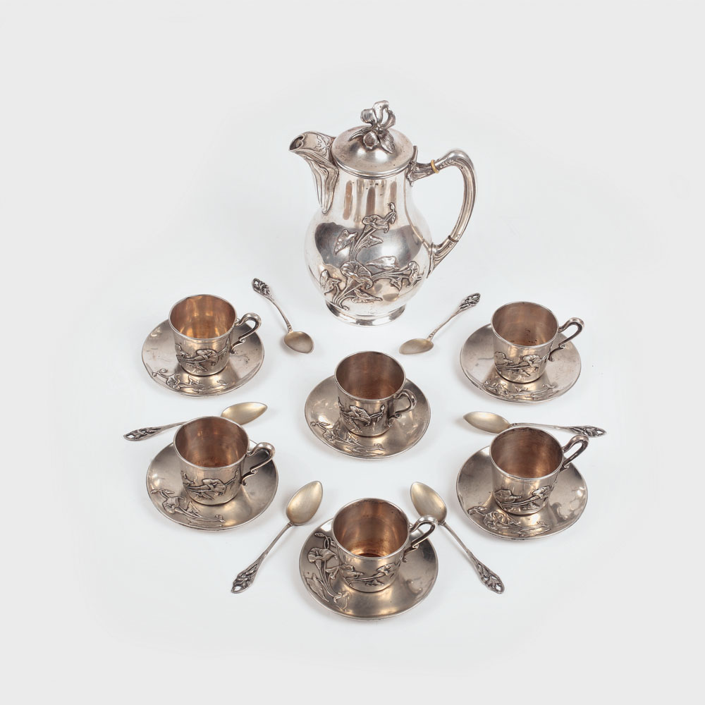 Serviciu Art Nouveau, de cafea, din argint Richard Koberlin, decorat cu zorele