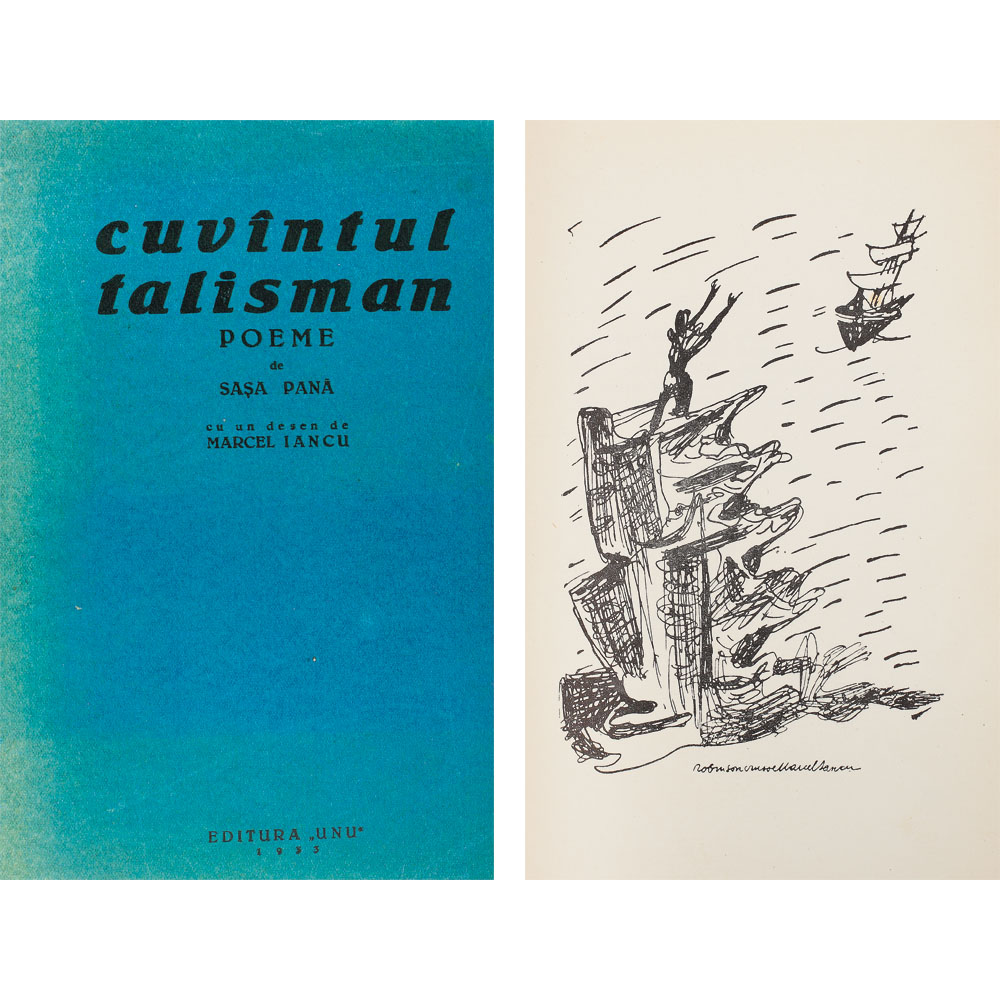 Sașa Pană, 'Cuvîntul talisman', București, Editura Unu, 1933, cu un desen de Marcel Iancu și cu dedicația olografă a autorului către Theodor Scarlat