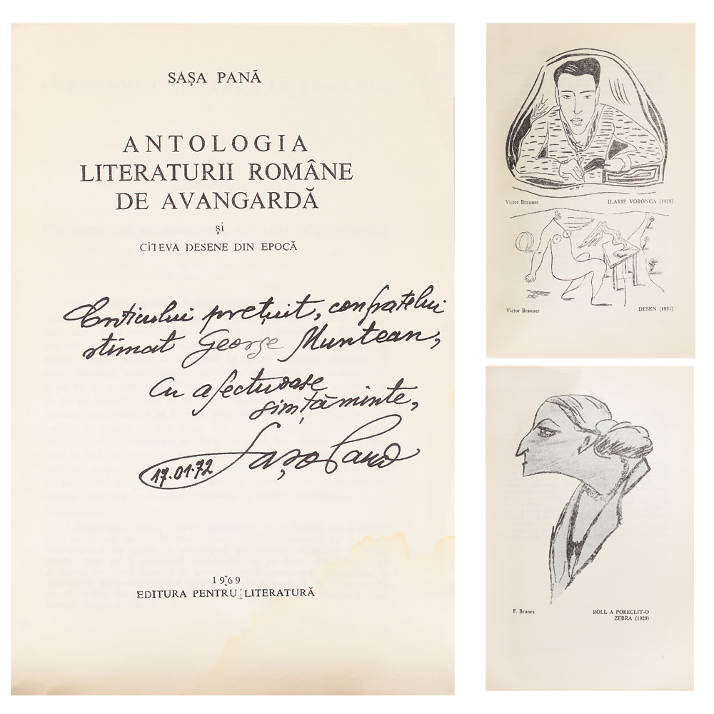 Sașa Pană,  'Antologia literaturii române de avangardă și câteva desene din epocă', București, Editura pentru literatură, 1969, cu dedicația olografă a editorului către criticul George Muntean