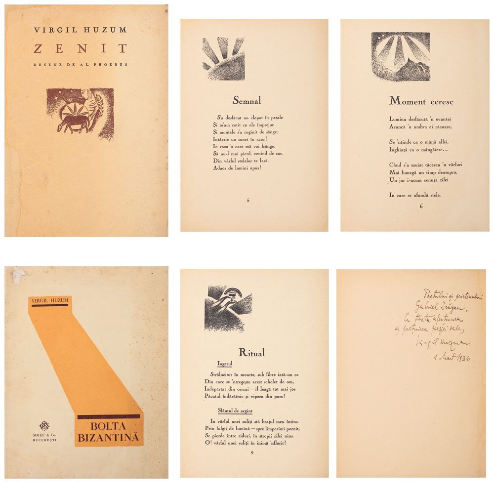 Lot format din 2 volume, autor Virgil Huzum: 'Zenit', 1935, cu 12 desene de Al. Phoebus, cu dedicația olografă a autorului către poetul Gabriel Drăgan; 'Bolta Bizantină', București, f.a.