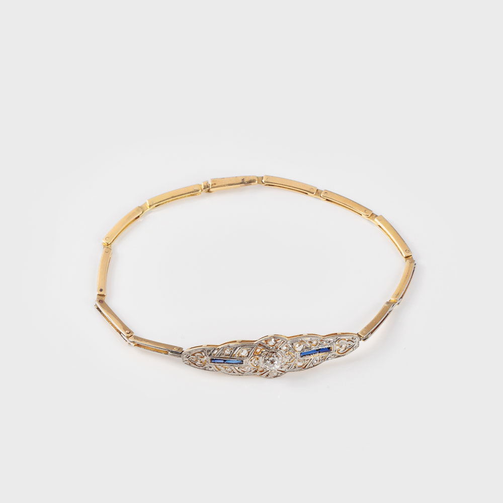 Brățară Art Deco din aur, decorată cu diamante și safire, în cutie originală