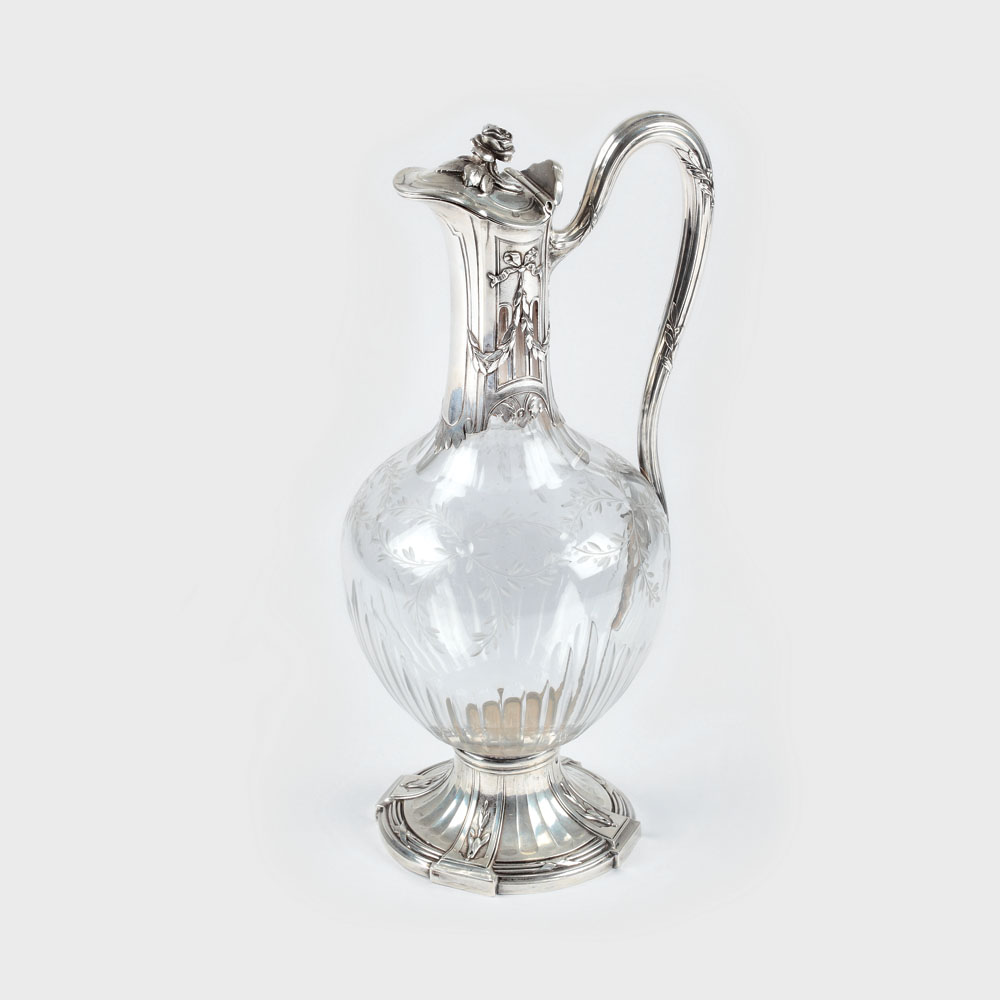 Rafinată carafă Christofle pentru apă sau vin, din cristal și argint, decorată cu frunze de stejar