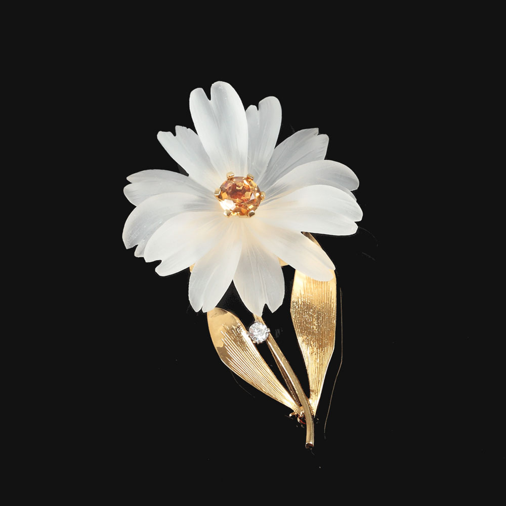 "Floare de gheață" - broșă din aur și cristal de stâncă, decorată cu citrin și diamant