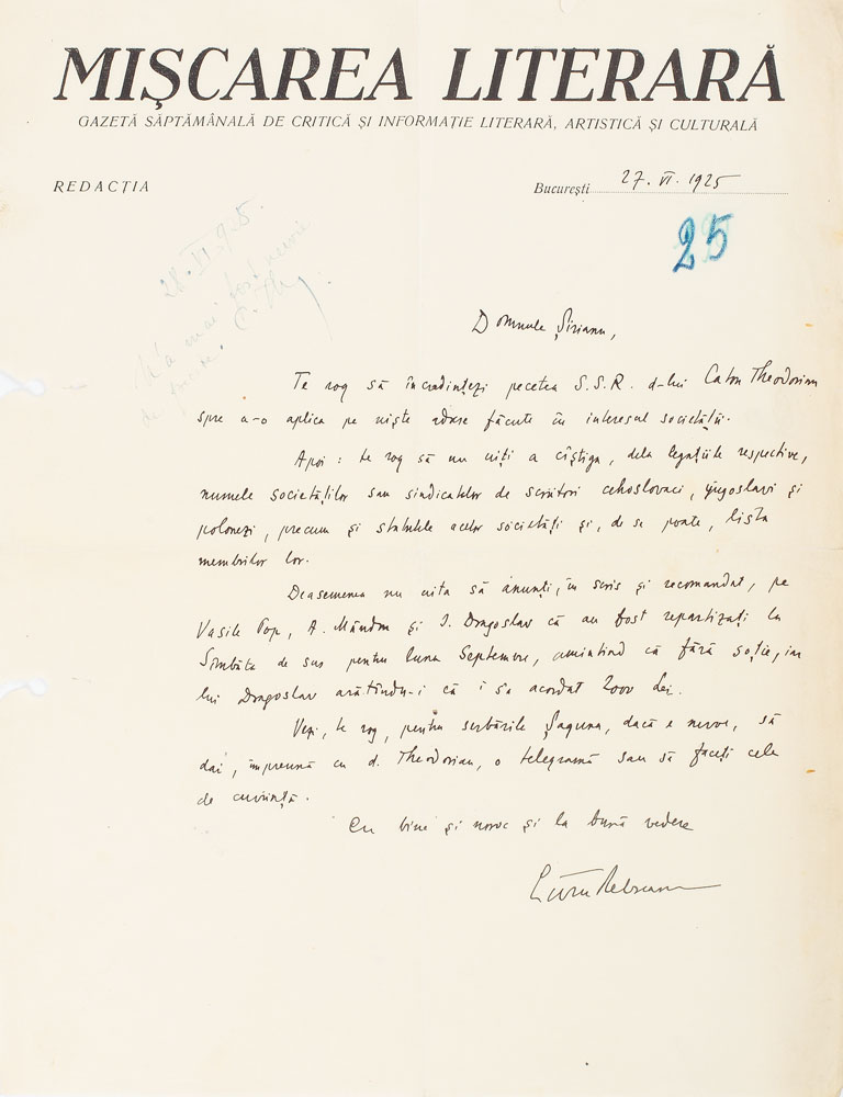 Manuscris Liviu Rebreanu, foaie cu antetul revistei "Mișcarea Literară", 27 iunie 1925