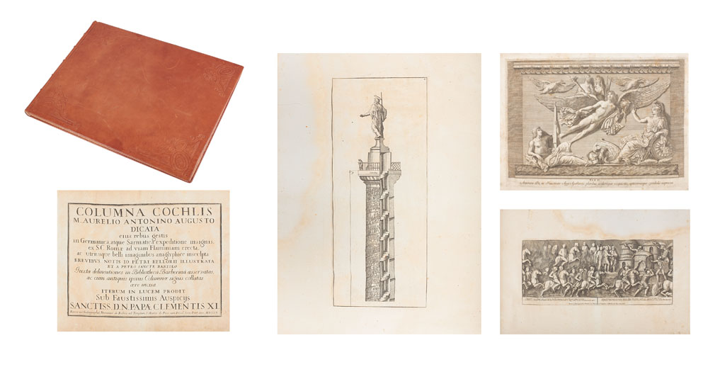 Giovani Bellori & Pietro Bertoli, "Columna Cochlis", lucrare editată sub îndrumarea Papei Clement al XI-lea, 77 gravuri în planșă, Roma, 1704, raritate absolută