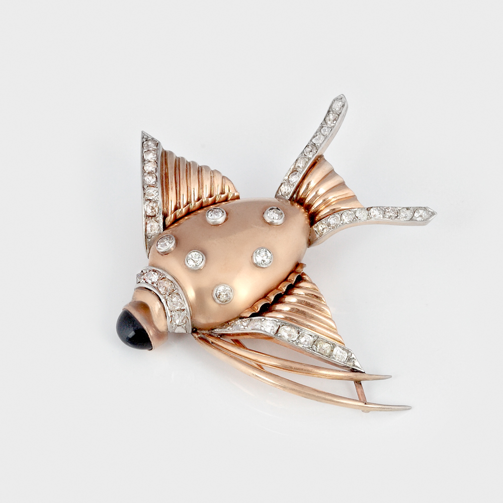 "Scalar" - broşă Art Nouveau din aur, decorată cu diamante şi safir