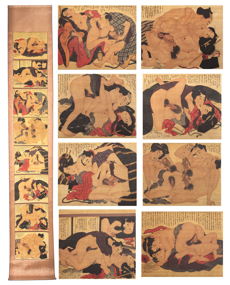 Stampă japoneză cu temă erotică, 8 scene, circa 1880-1890