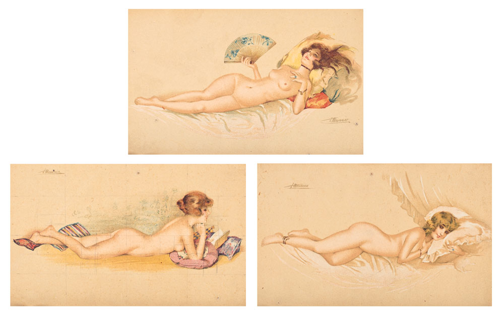 Set de 3 cărți poștale erotice, semnate  Suzanne Meunier, Paris, cca. 1925