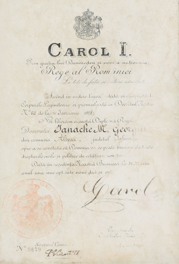 Brevet de acordare de către regele Carol I a cetățeniei române unui supus evreu, 10 ianuarie 1898, piesă foarte rară