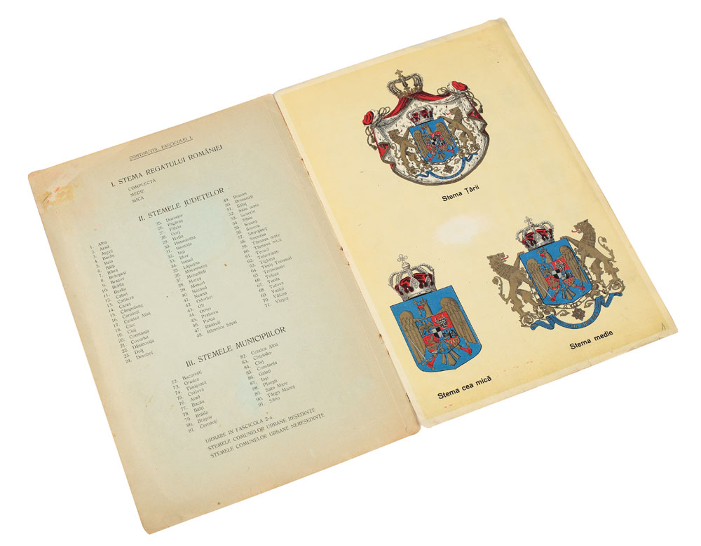 "Stemele regatului României, județelor și municipiilor în culori, după originalele Comisiunii consultative heraldice", Brașov, 1935