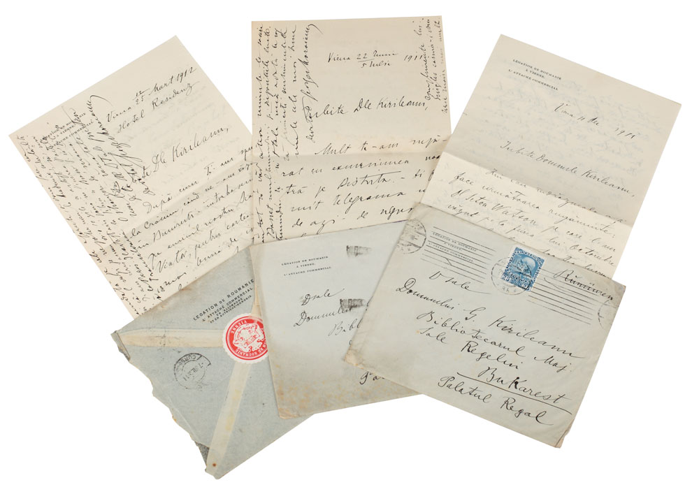 Set de 3 scrisori adresate bibliotecarului Curții Regale, Gheorghe Teodorescu Kirileanu, de către George Moroianu, atașatul comercial al Legației României la Viena, 1911-1912, în plicurile originale