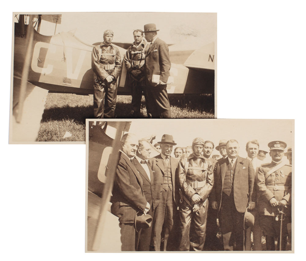 Set de 2 fotografii, principele Nicolae în costum de aviator, la o demonstrație aviatică