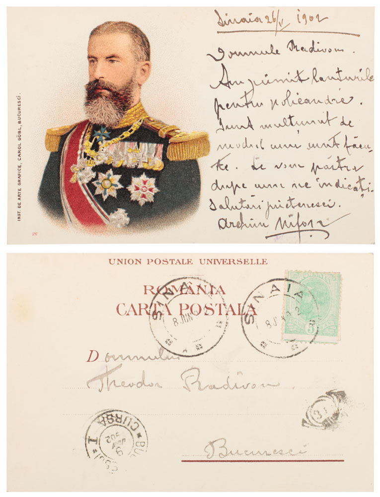 Carte poștală litografică Carol I, trimisă de arhimandritul Nifon bijutierului Theodor Radivon, 1902