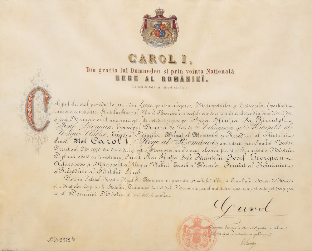 Diploma-decret de învestire a episcopului Iosif Georgian în funcția de Mitropolit al României; semnătură olografă a regelui Carol I și a lui D. A. Sturdza, 1887