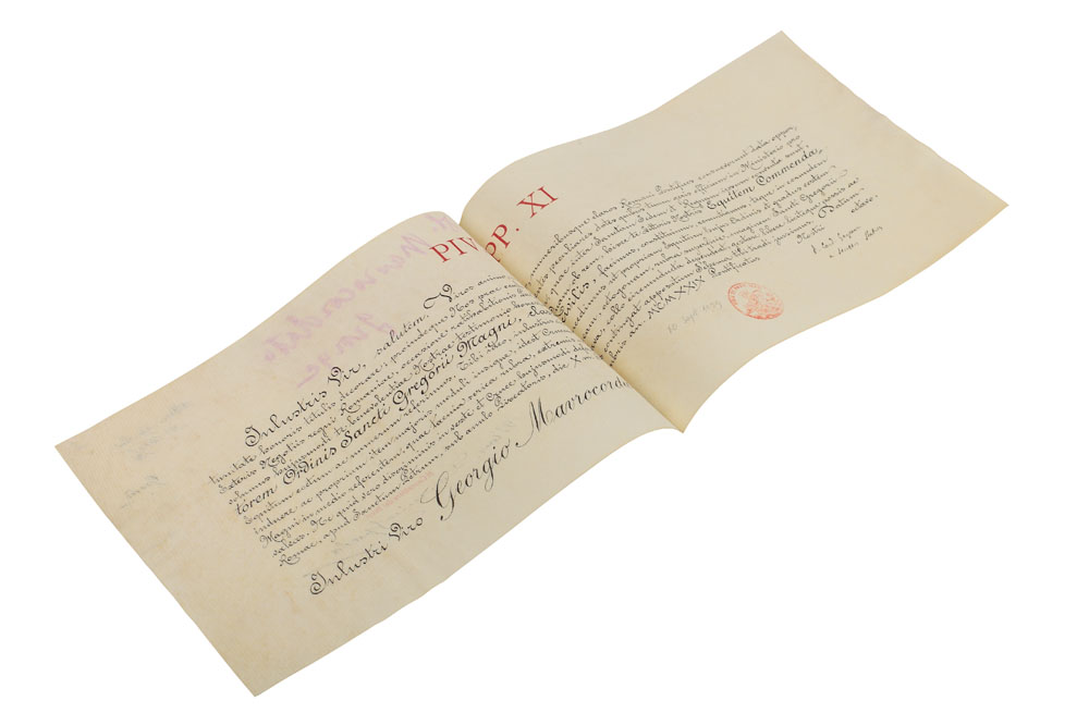 Brevet de decorare, emis de Papa Pius al XI-lea, acordat lui George Mavrocordat, 1929