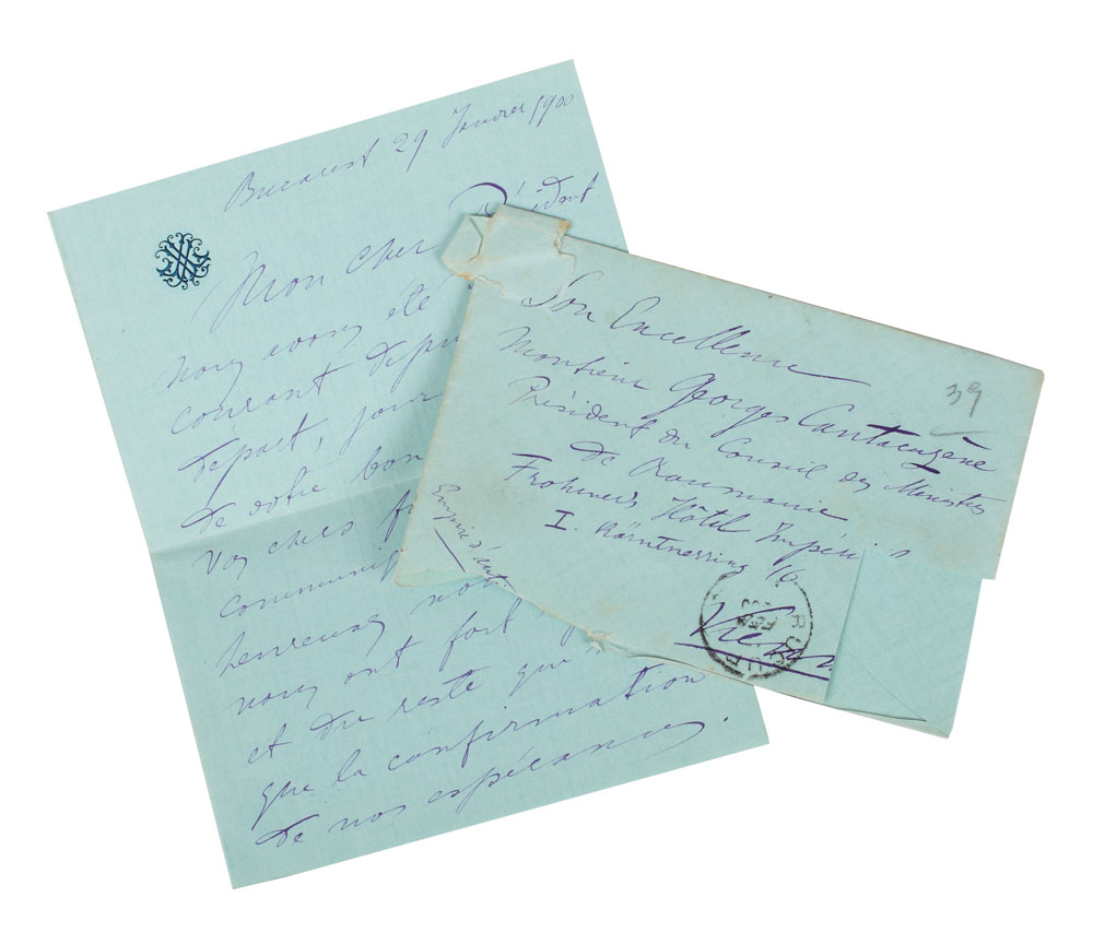 Scrisoare a ministrului de externe Ion Lahovary către George Grigore Cantacuzino, în plicul original, 29 ianuarie 1900