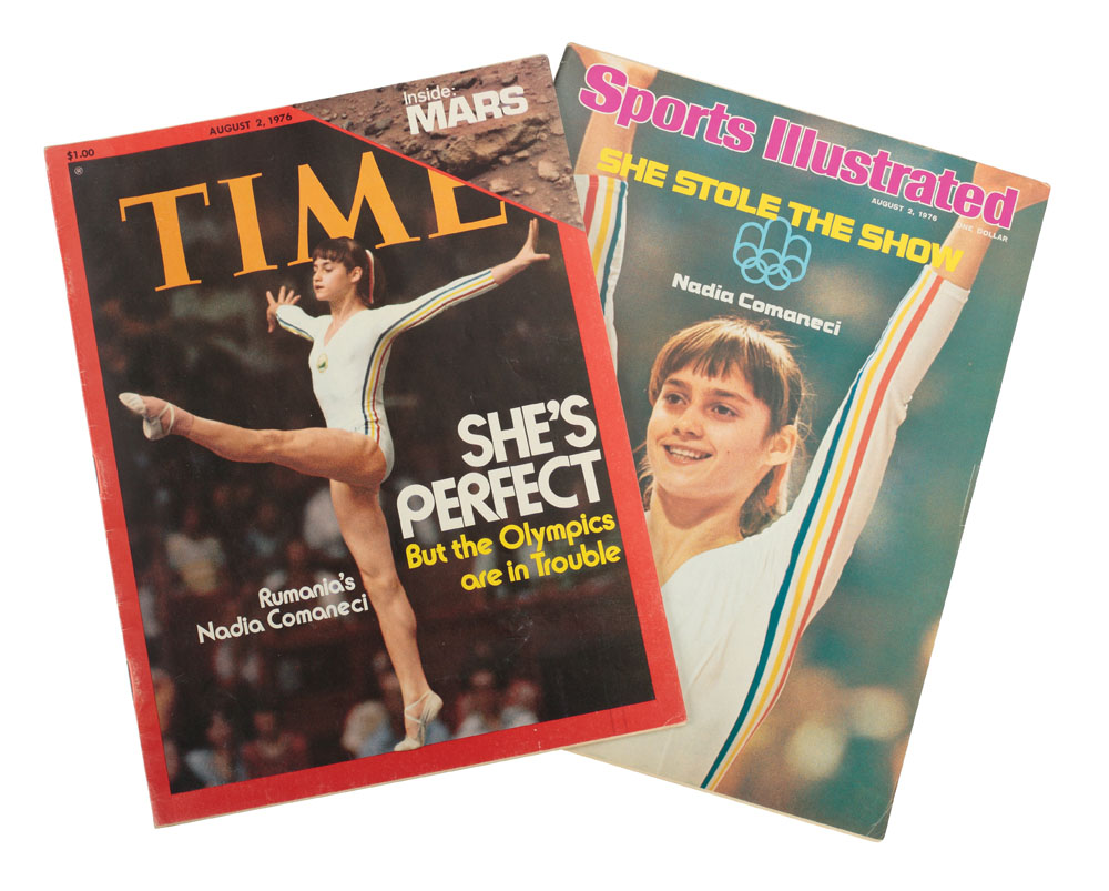 Set de 2 reviste, "Time" și ”Sports illustrated”, din 2 august 1976, înfăţişând-o pe Nadia Comăneci dupa obținerea primei note 10.00 din istoria gimnasticii sportive la Jocurile Olimpice de Vară de la Montreal, 17 iulie - 1 august 1976