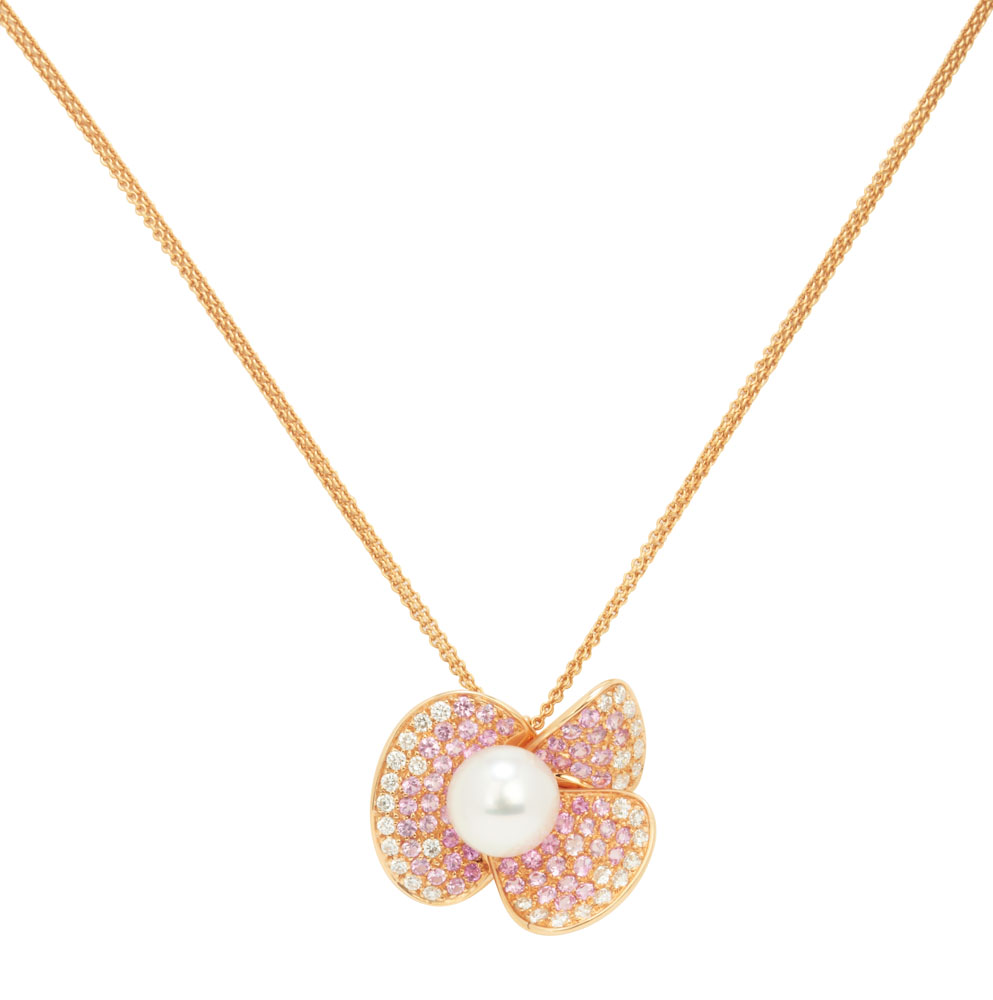 "Fleur d'Amour" - pandantiv Schoeffel cu lănţişor din aur roz, decorat cu diamante, safire şi perlă