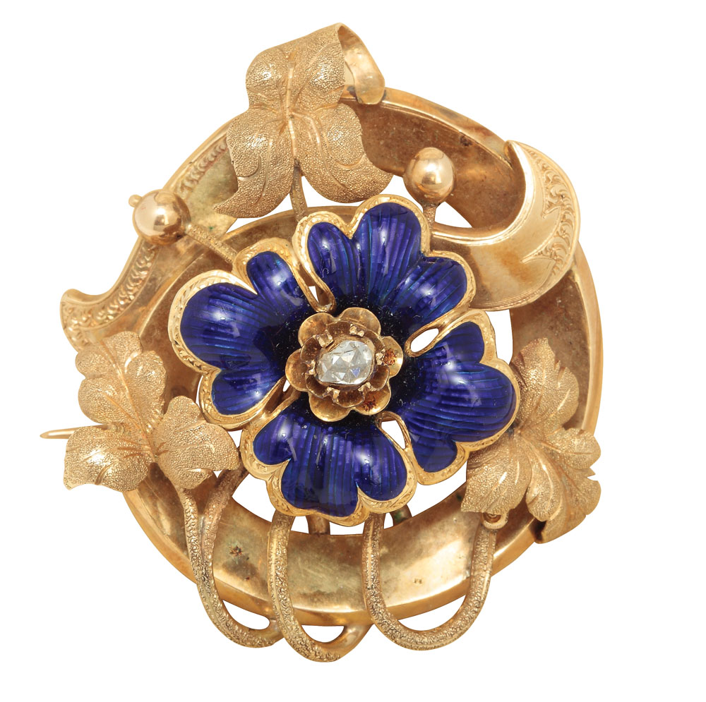 "Floare de albăstrea" - broşă din aur, atribuită lui Joseph Resch (bijutierul regelui Carol I), decorată cu diamant și email cobalt