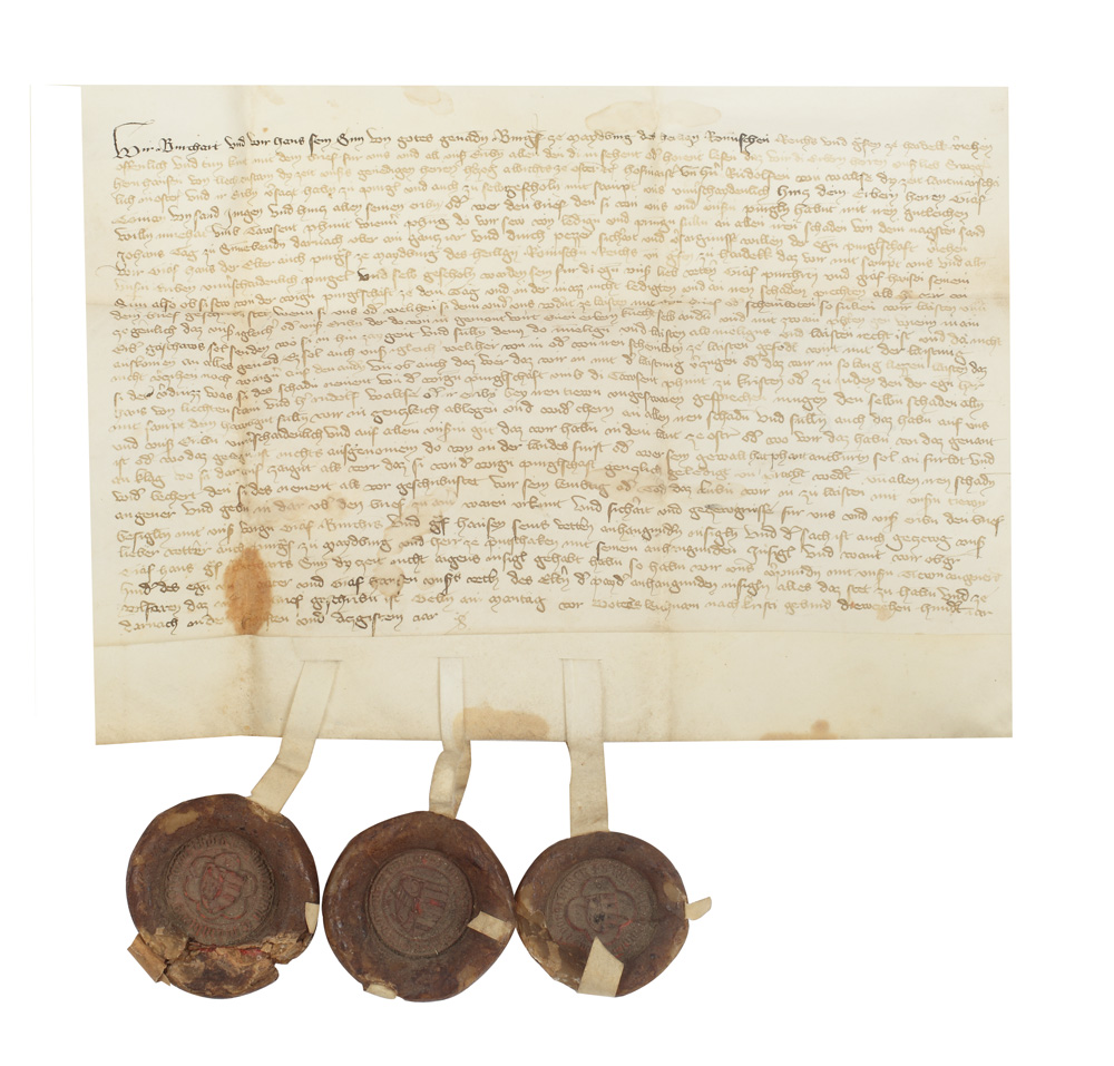 Document medieval german datând din secolul XIV, în gotica veche, de întărire a proprietății asupra unei moșii, cuprinzând mențiuni despre începuturile persecuției evreilor în regatul Poloniei