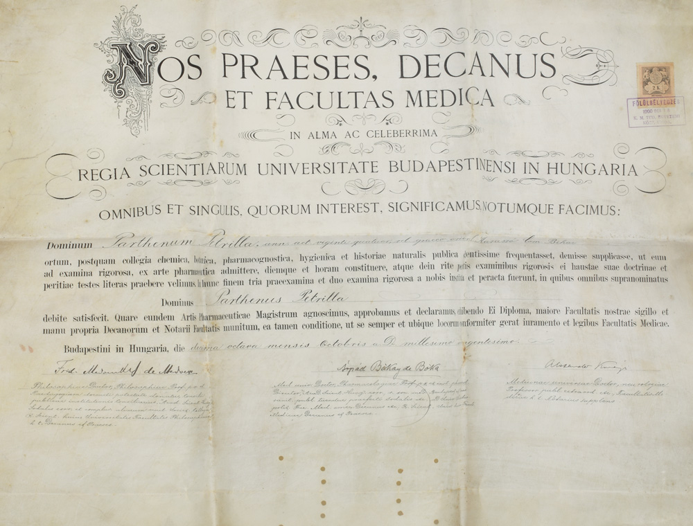 Diplomă de absolvire a Facultății de Medicină de la Budapesta, pe pergament, 1900