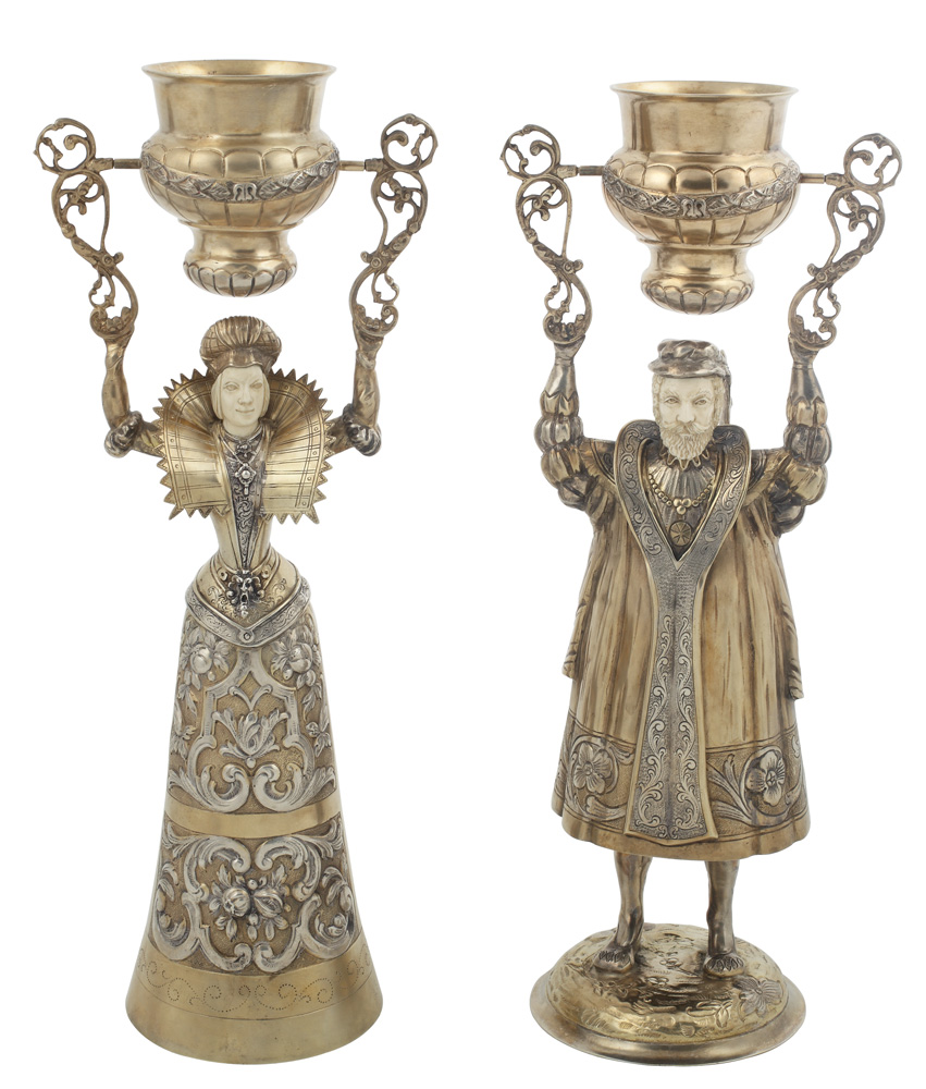 Pereche de cupe germane duble de logodnă, din argint aurit Wilhelm Weinranck, decorate în stil Renascentist