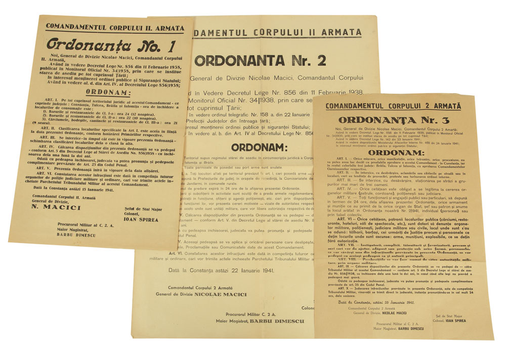 Set 3 afișe ordonanțe militare (de închidere a cârciumilor, bodegilor etc., de predare a armelor etc., de prohibire a întrunirilor, cântecelor pe stradă etc.), ianuarie 1941