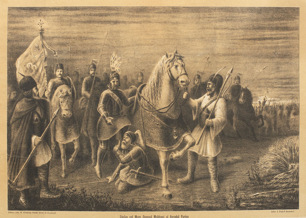 ”Ștefan cel Mare și aprodul Purice”, litograf I. Naghel, sfârșitul secolului al XIX-lea