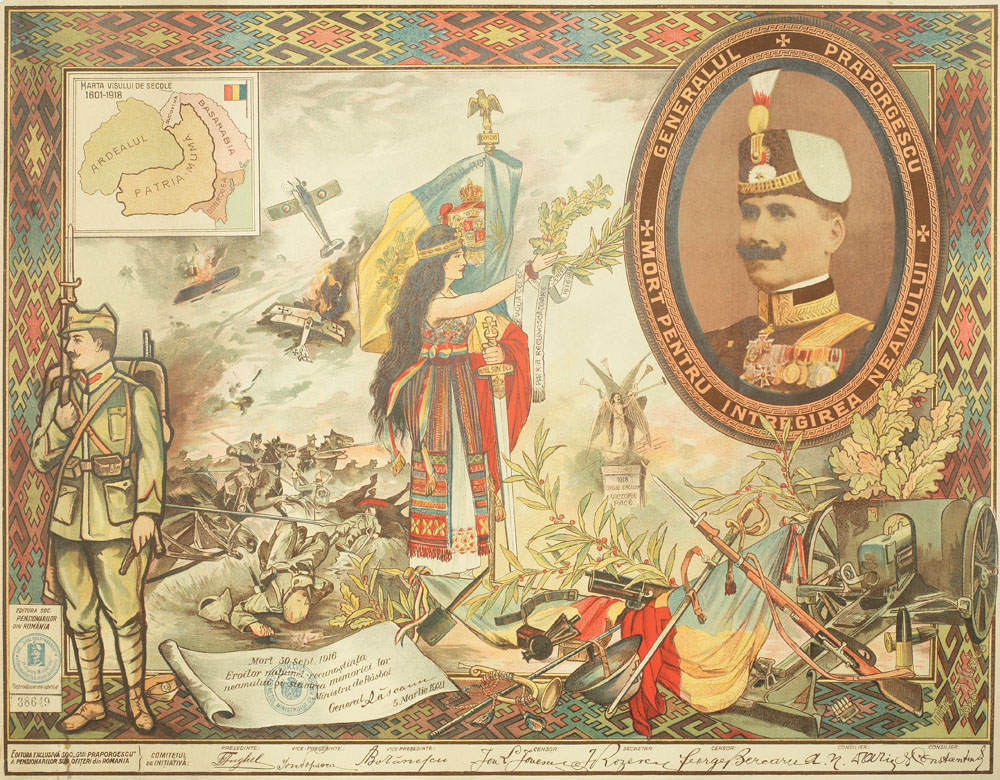 Diplomă emisă de Societatea "General Praporgescu", începutul sec. XX, pentru glorificarea eroilor români din timpul Primului Război Mondial