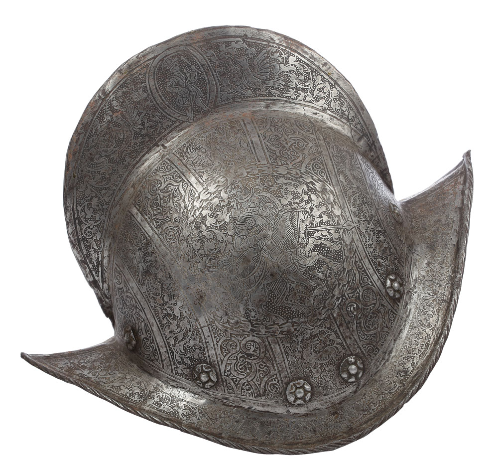 Coif german, fin gravat cu scene medievale, sfârșitul sec. XVI